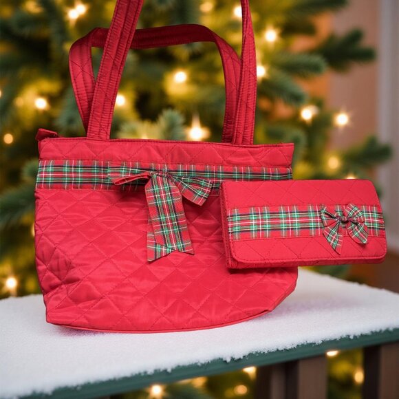 uNBRANDED Handbags - Red Quilted Christmas Tote & Wallet Set, Tartan Plaid Bow, Zip Top Shoulder Bag